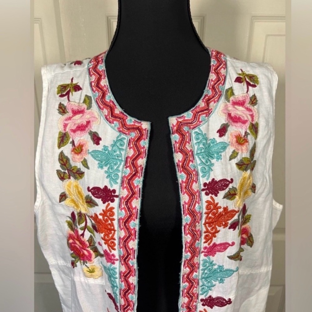 Johnny Was Linen Embroidered Duster Vest Floral Boho Festival Kimono Cardigan - Picture 8 of 8